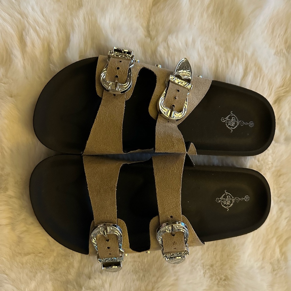Tan and Black Buckle Sandals